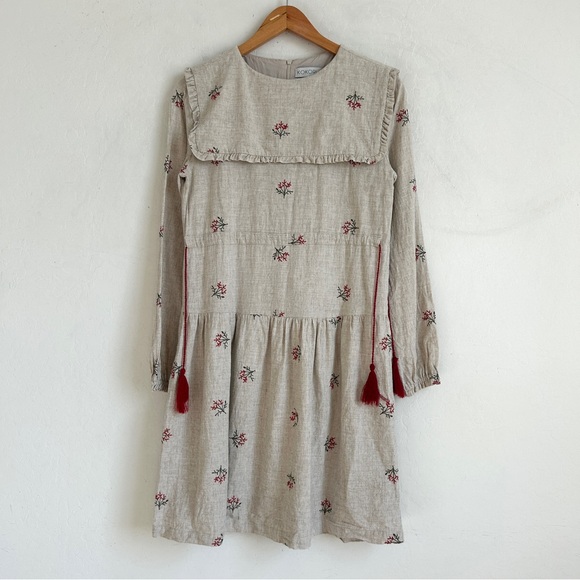 Kokori Other - Kokori Dress Girls 16 Tiered Linen Ruffle Floral Embroidered Oatmeal Beige